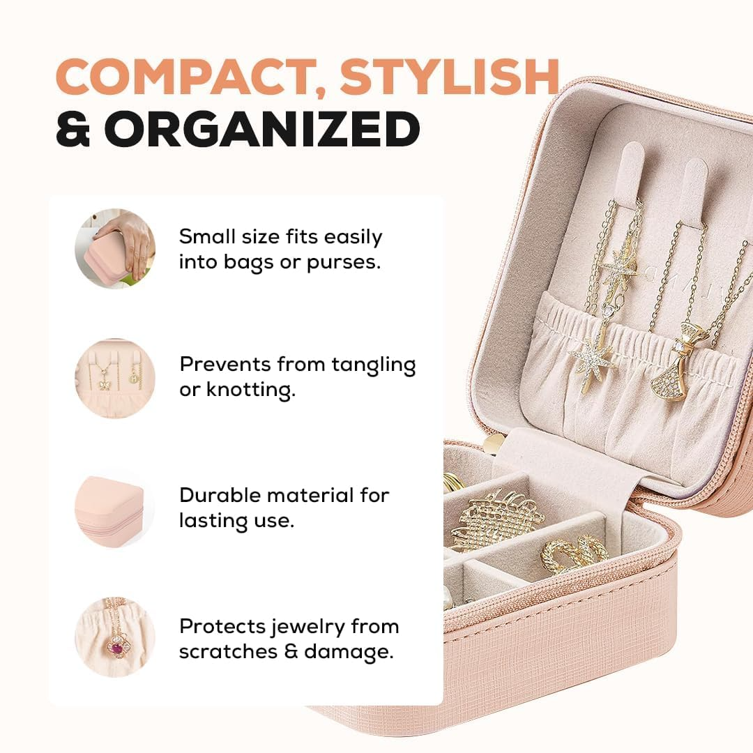 Mini Jewellery Travel Case for Women – PU Leather Portable Organizer Box for Rings, Earrings & Necklaces (Pinkish Peach)