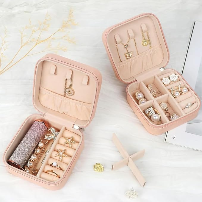 Mini Jewellery Travel Case for Women – PU Leather Portable Organizer Box for Rings, Earrings & Necklaces (Pinkish Peach)